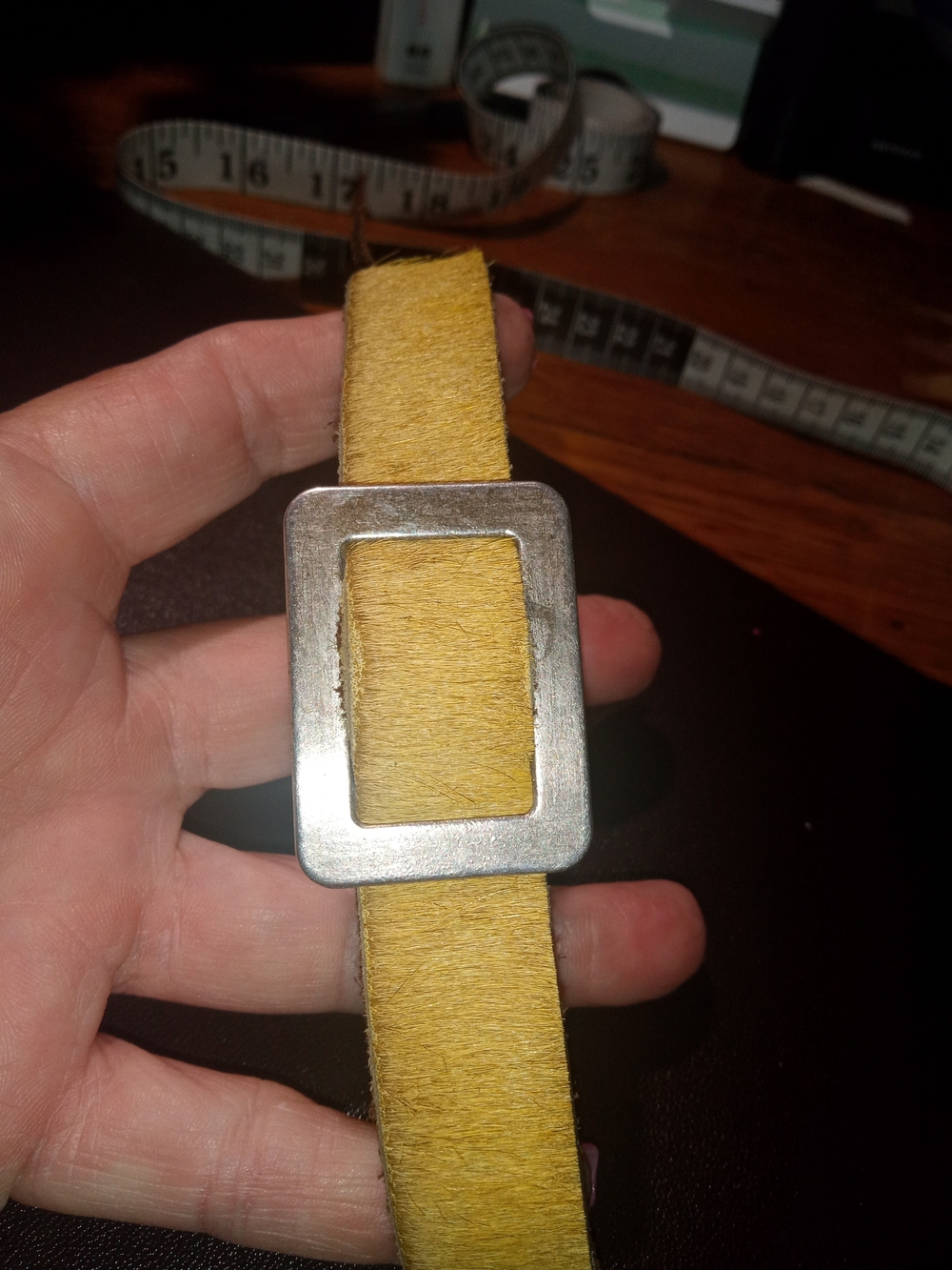 Yellow Fur Leather Belt with Silver Rectangular Buckle